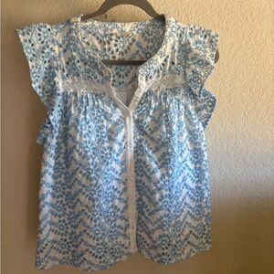 Allison New York Eyelet Blue and White Floral Blouse